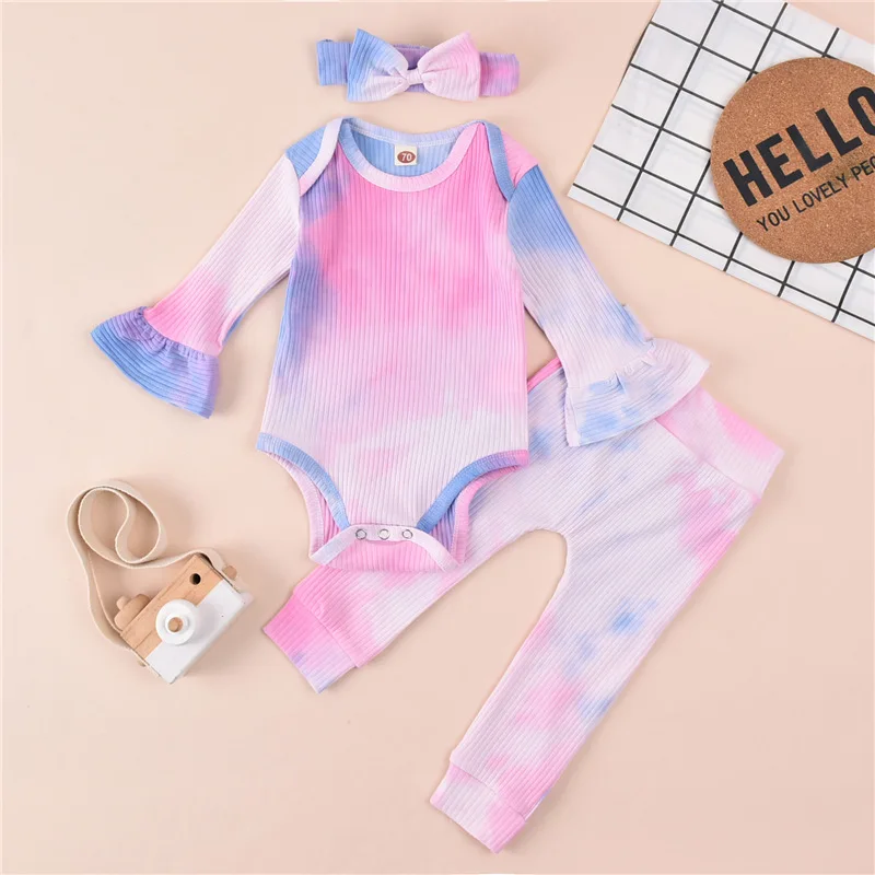 Ribbed Baby Clothing Infant Newborn Tie Dye Clothes Set Flare Sleeve Bodysuit Tops Legging Pants Infant Baby Girl Clothes Outfit