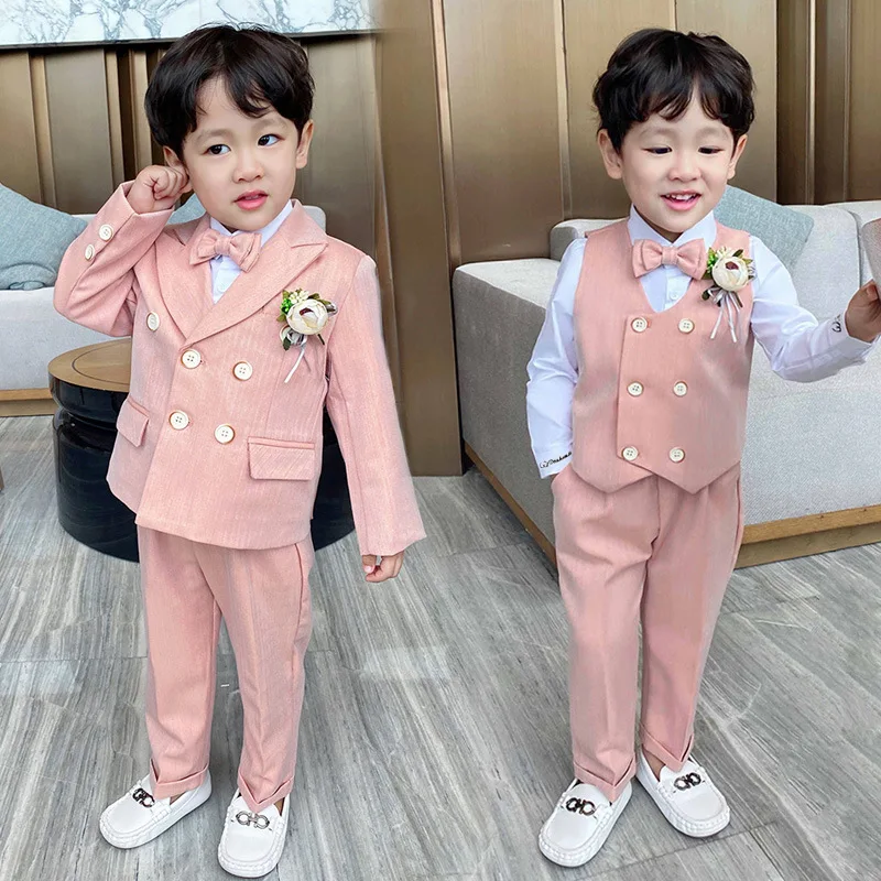 

Children Suit Party Costume Royal Family Style Suit Set Kids Double Breaseted Blazer Vest Pants Bowtie 4pcs Outfit Kids Banquet