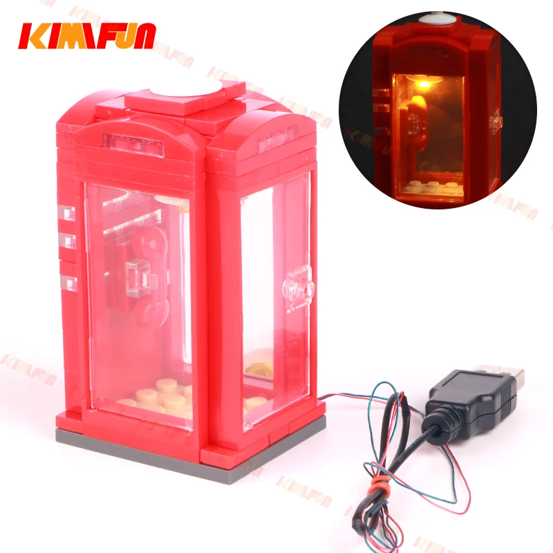 MOC Red Phone Booth City Building Block Scene USB Ligth Telephone Cabin Street Scene Building Facilities