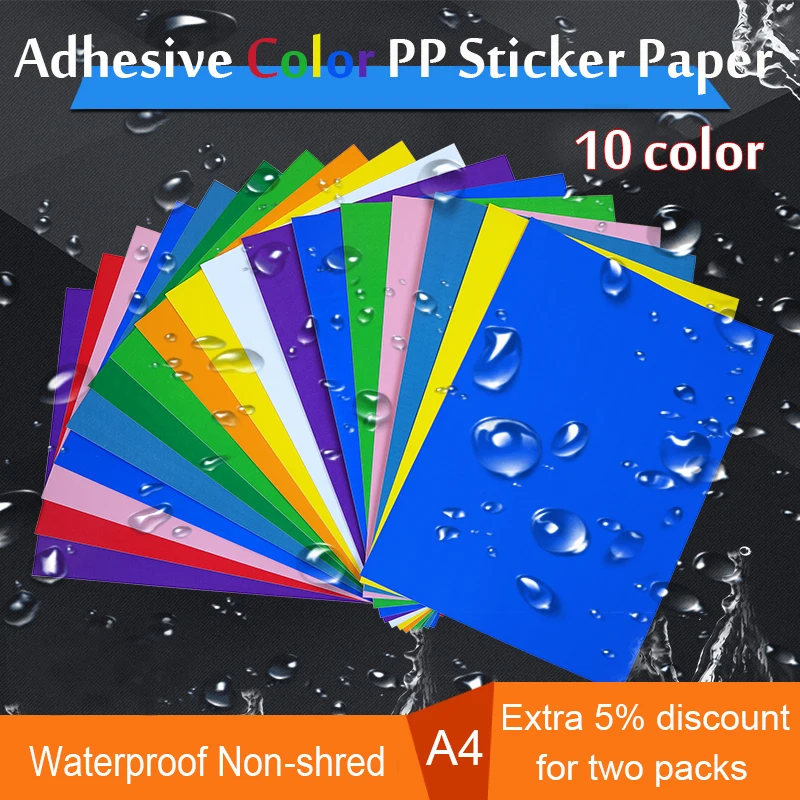 Papier autocollant coloré A4 PP pour imprimante laser, étiquette synthétique brillante, imperméable, ne se décolore pas, rouge, jaune, bleu, vert