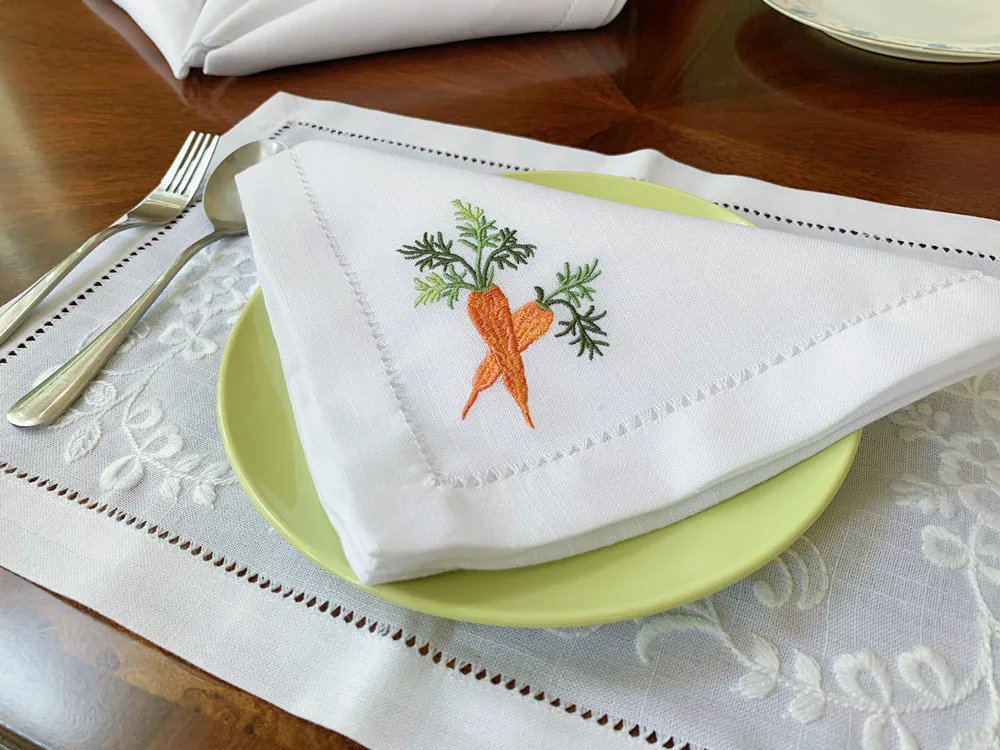 @Vegetable Napkins Hemstitched Embroidery, Linen+Cotton Table Decor, Beetroot, Fennel, Carrot,Home/Airbnb/Banquets/Hotel