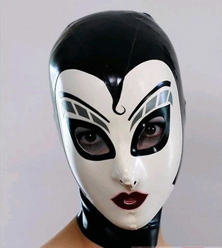 

White Black Latex Mask Hood Sexy Rubber Headgear with Back Zip Hand-made Fetish with Eyes Holes Spoof Halloween Props