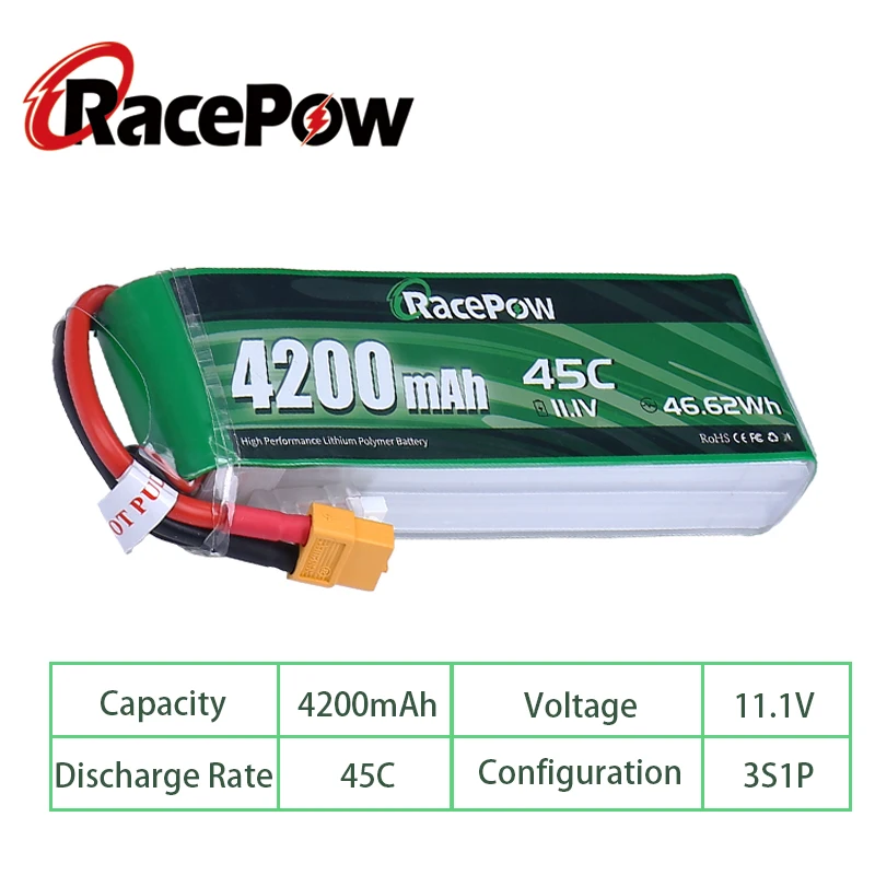 RacePow-batería Lipo de 4200mAh, 11,1 V, 45C, 3S RC, XT60 con enchufe, para coche RC Traxxas, Losi, avión, helicóptero, camión, barco, modelos RC