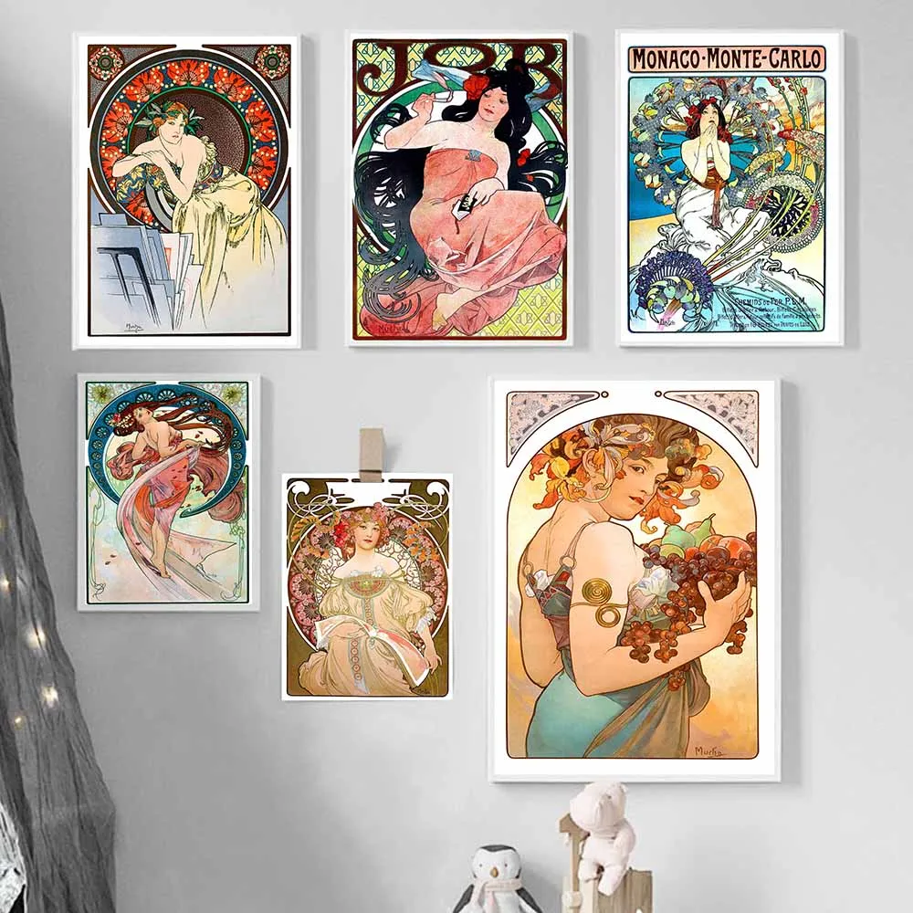 Retro Woman Alphonse Mucha Canvas Painting Nordic Art Poster Abstract Printmaking Museum Exhibition Mural Living Room Home Decor