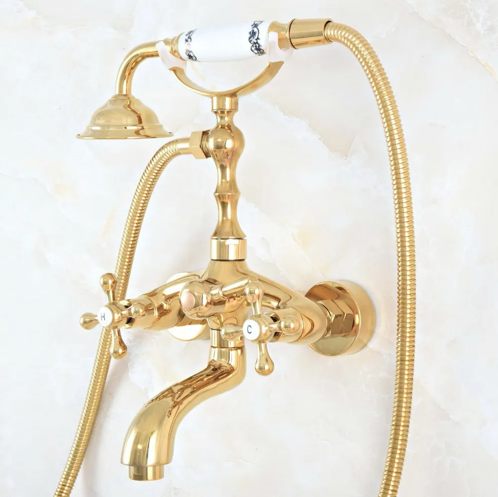 

Luxury Telephone Shower Set Polished Gold Finish Wall Mounted Elegant Shower Faucet Hot and Cold Double Handle zna804