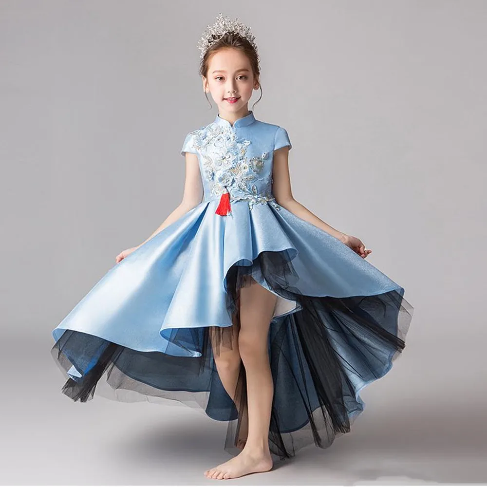 Sweet Blue Satin Applique  Girl's Pageant Dresses Flower Girl Dresses Princess Party Dresses Child Skirt Custom Made