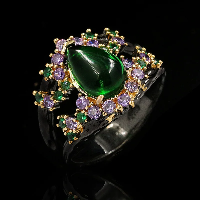 Original Italian Craftsmanship Handmade Jewelry Water Drop Emerald Ring Micro Inlaid Luxury Purple Zircon Ladies Ring Jewelry