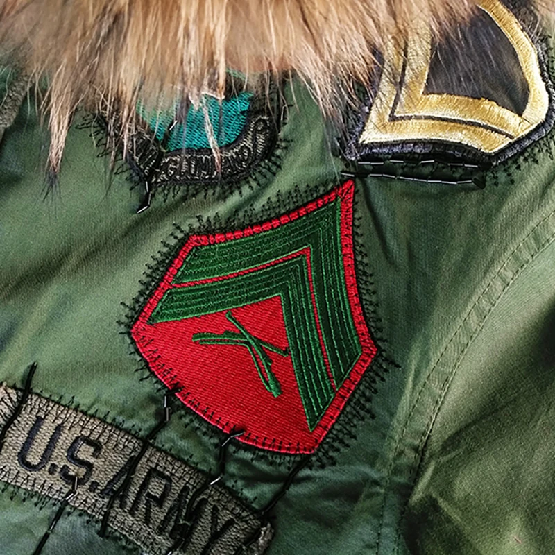 Veste brodée à manches longues pour femme, veste surdimensionnée avec col en fourrure de raton laveur, mode hiver, capuche vert militaire