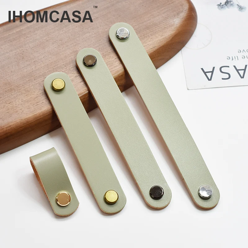 IHOMCASA Gray Cowhide Handle Nordic Modern Style  Furniture Drawer Child Door Knobs Cupboard Kitchen Shoe Cabinet Leather Pulls image 3