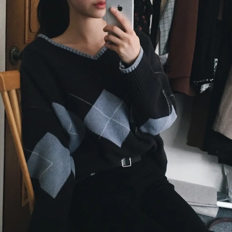 Loose V-neck Sweater for Woman Vintage Argyle Chic Pullover Spring Autumn Ghost Horse Girl Long Sleeve Pull Femme