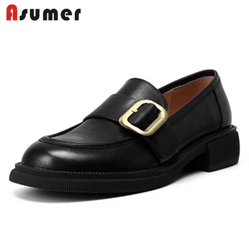 

Asumer 2022 Newest Loafers Women Flat Shoes Buckle Genuine Leather Footwear Slip On Casual Single Shoes Women Black