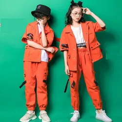 Kids Jazz Hip Hop Dance Costumes Orange Jacket Top Loose Casual Pants For Girls Boys Hiphop Street Ballroom Dancing Clothes Wear