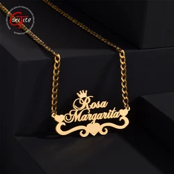 Goxijite Custom Name Necklace For Women Stainless Steel Personalized 2 Names Heart Crown Bold Chain Necklaces Jewelry Gift
