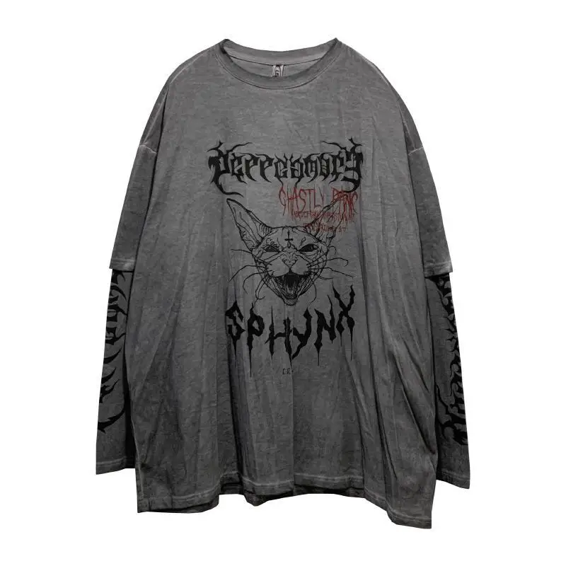 Gothic Cat T Shirt Streetwear Punk Tshirt Harajuku Summer Tops Spring Long Sleeve Couple Cool Ulzzang Loose Japan T-Shirt Male