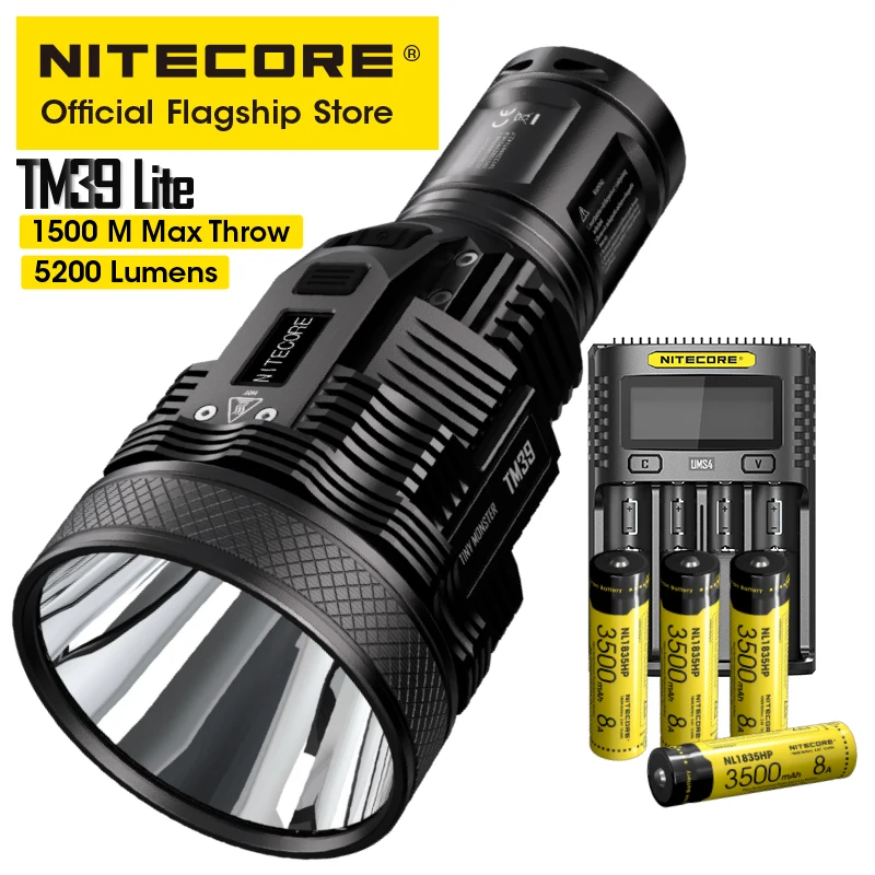 NITECORE TM39 Lite Searchlight Flashlight 5200LM Beam Throw 1500M OLED Rescue Rechargeable Torch with UMS4 Charger 4 Battery