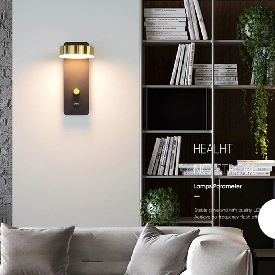 Modern Indoor Lighting USB Charge Wall Lamp 9W White Black Rotary Switch Dimming Wall Light Bedroom Beside Study Wall Sconce