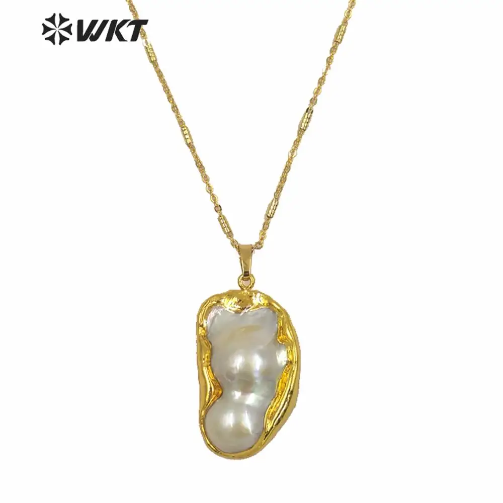 WT-JN063 Baroque Pearl Necklace Random Size Big Drop White Pearl With Gold Bezel Pendant Beach Wedding Jewelry