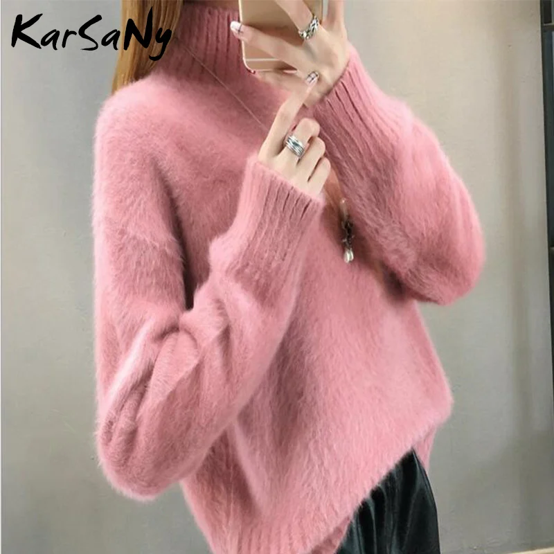 KarSaNy Winter Mink Cashmere Thick Sweater Women Jumper White Pull Femme Loose Pullover Knitted Fluffy Sweaters For Women Winter