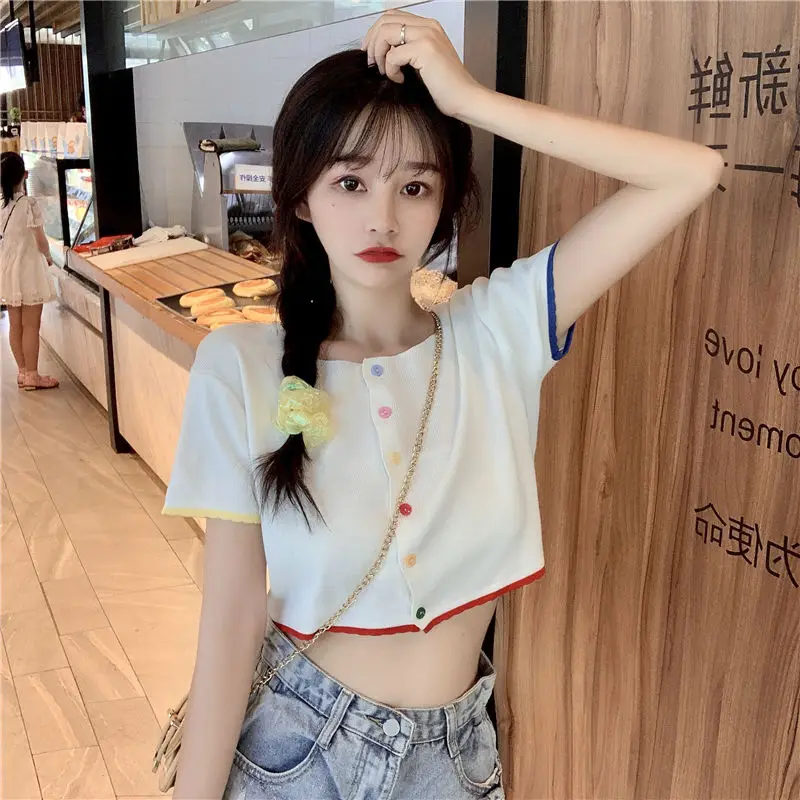 Woman TShirts 2024 Cardigan Button Top Short-Sleeved Knitted T-shirt for Women Summer Crop Top Mujer Camisetas