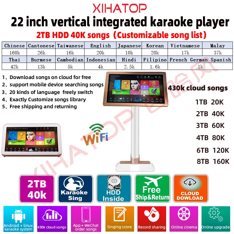 XIAHTOP Mesin Karaoke Player Android dengan 2TB HDD 40K Lagu, Cina, Inggris Layar Sentuh Sistem Karaoke, 22 '',Home KTV Sing