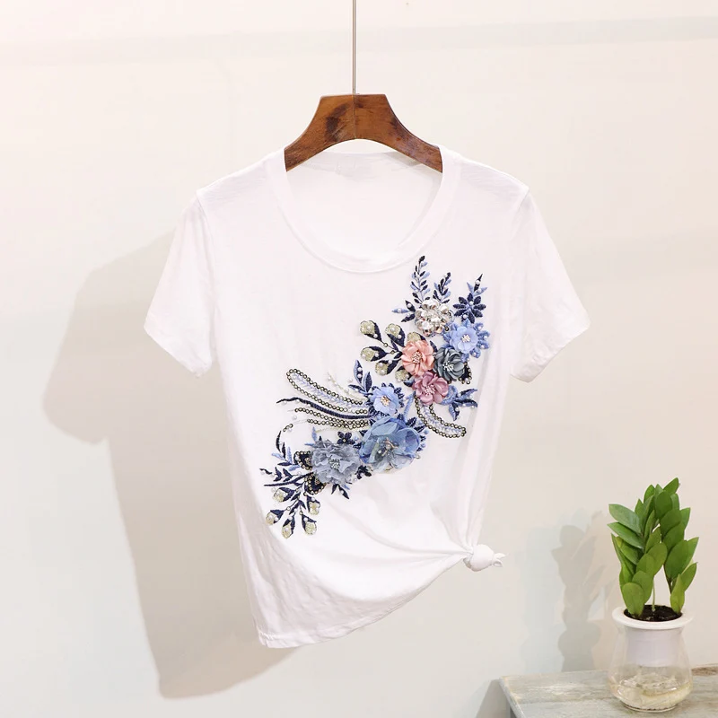 Women Heavy Work Embroidery 3D Flower Tshirts Jeans 2pcs Clothing Sets Summer Casual Suits Vogue Stylish European Fashion Sets