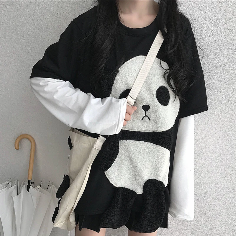 

Autumn and winter women's sweater 2020 new Korean loose long sleeve splicing fake two medium and long cartoon panda top fashion