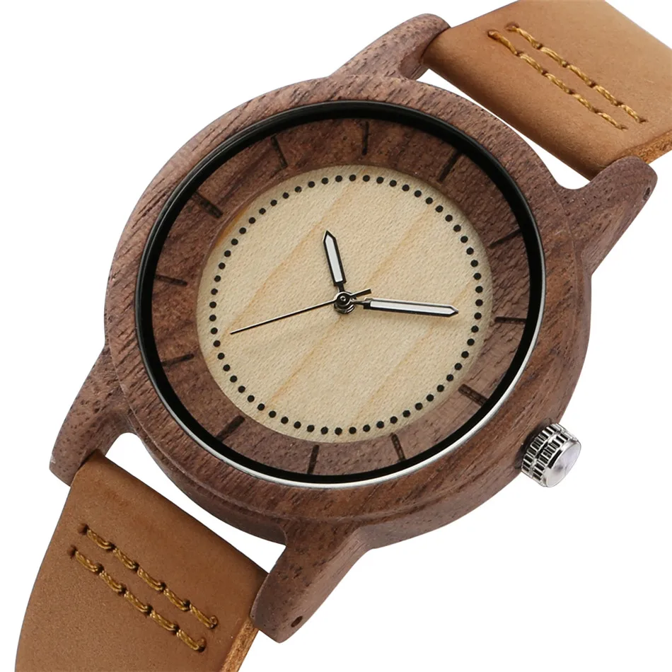 Coffee Walnut Wood Men\'s Watch Genuine Leather Wood Watches White/Red Simple Watch Dial Unisex Wooden Watches reloj masculino