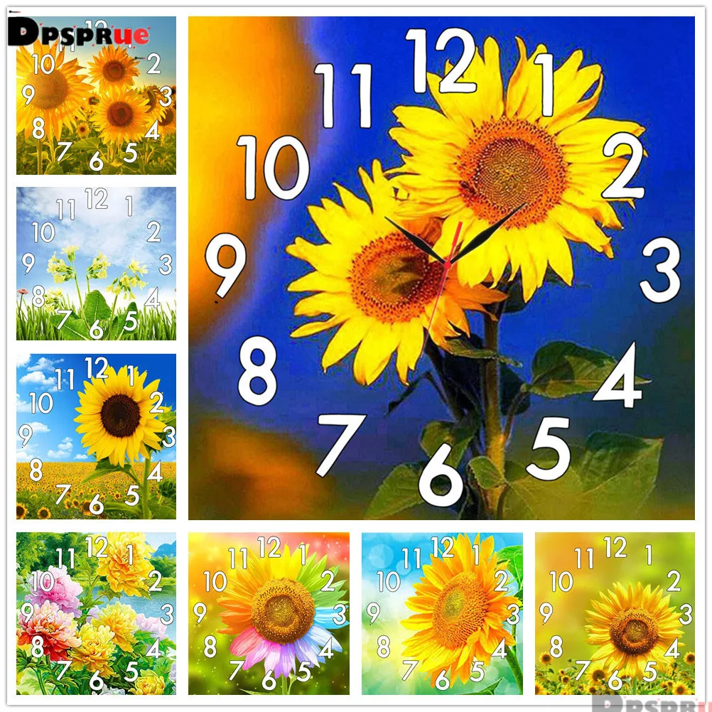 

Dpsprue Full Diamond Painting Cross Stitch With Clock Mechanism Mosaic 5D Diy Square Round SunFlower 3d Embroidery Gift HG23