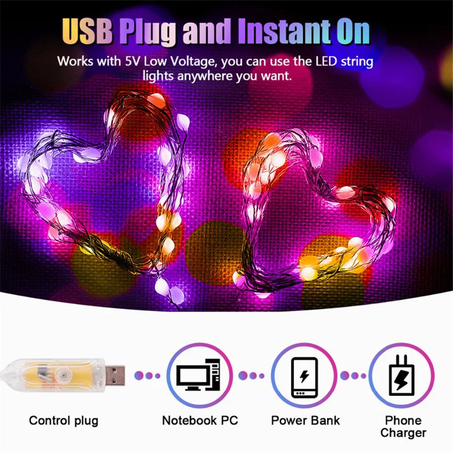 RGB LED Copper Wire Christmas Tree String Light 20M USB Remote Control Fairy Garden Lights for 2022 New Year Party Wedding Decor