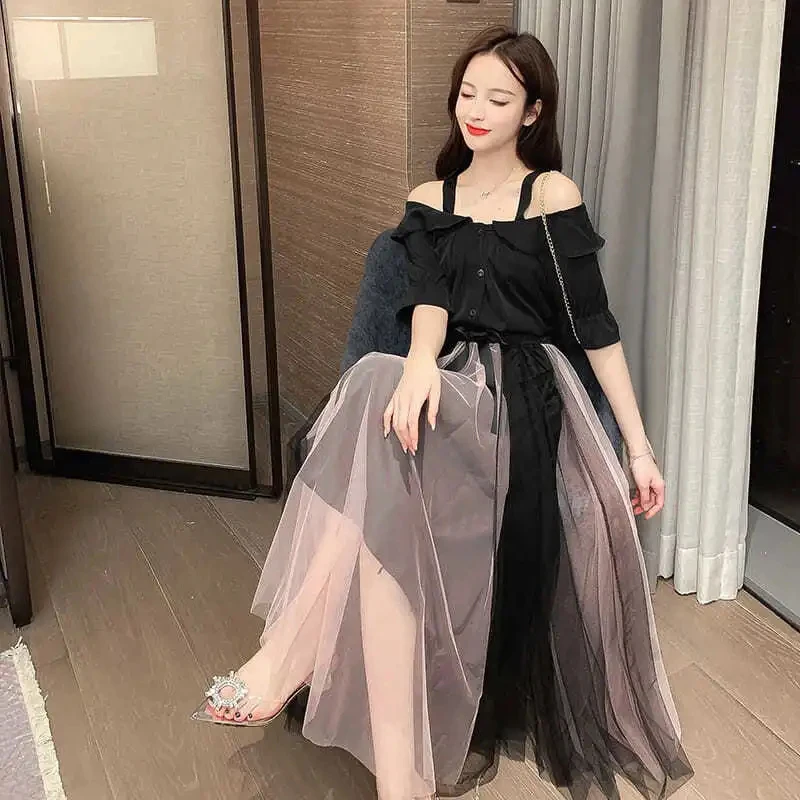 Casual Plus Size Tulle Skirt Women+short Sleeve Buttoned Shirt Two-piece Suit Fashion Long Pleated Mesh Skirts New A-line Skirt