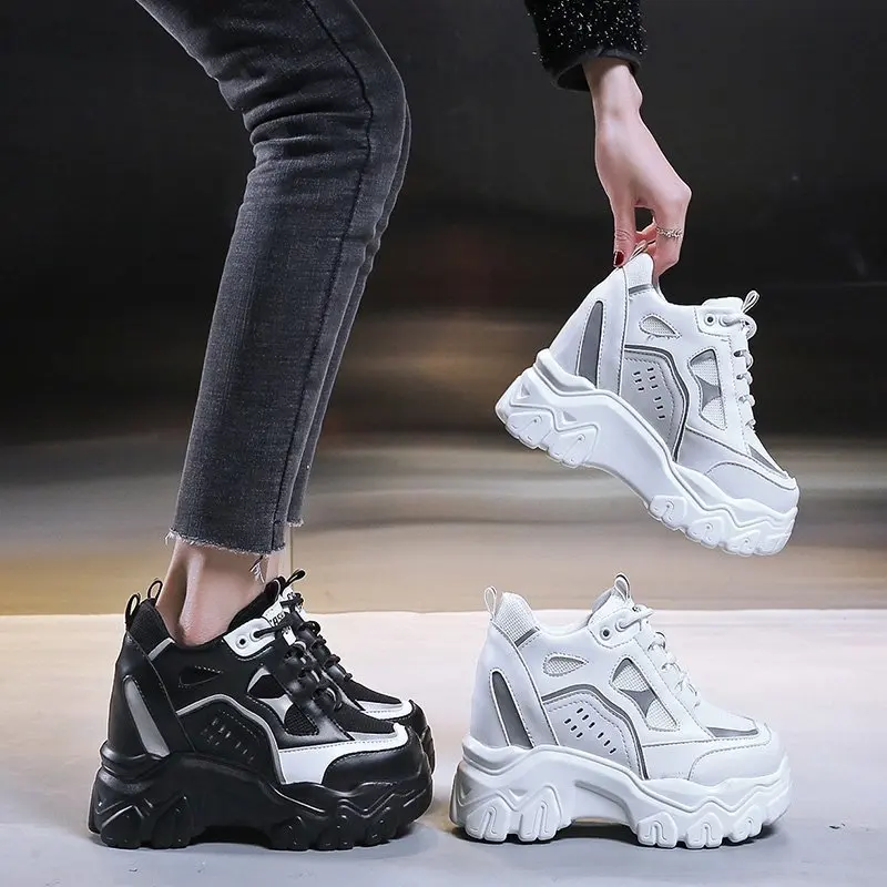 Women Mesh Platform Sneakers Spring Trainers White Shoes 10CM High Heels Wedge Outdoor Sport Shoes Breathable Casual Shoes Woman