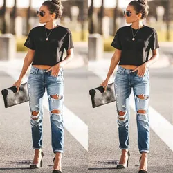 Jeans rasgado com buraco para mulheres, calças jeans, cintura média, magro, magro, moda, verão, 2020