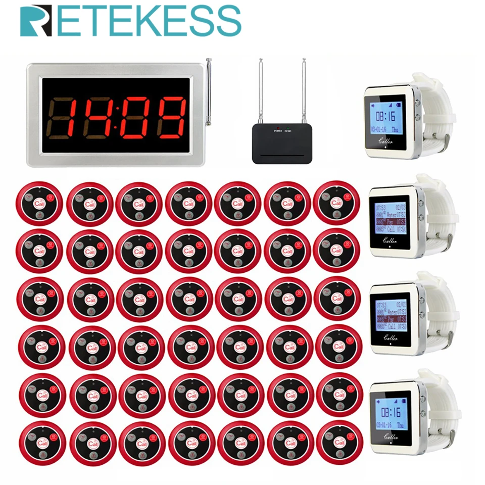 Retekess Wireless Pager Calling System Receiver Host+4pcs Watch Receiver+Signal Repeater+42 Pcs Call Buttons For Cafe Clinic