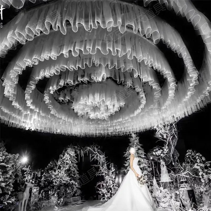 Classic Design Party Decoration White Swiss Gauze Ceiling Cloud Top Hanging Yarn String Wave Line Sheer For Wedding Props