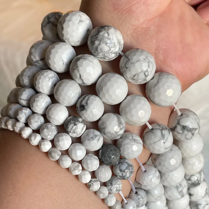 

Natural Howlite Round Faceted Loose Stone Beads 4/6/8/10MM For DIY Necklace Bracelet Jewelry Making Strand 15"Free Shipping