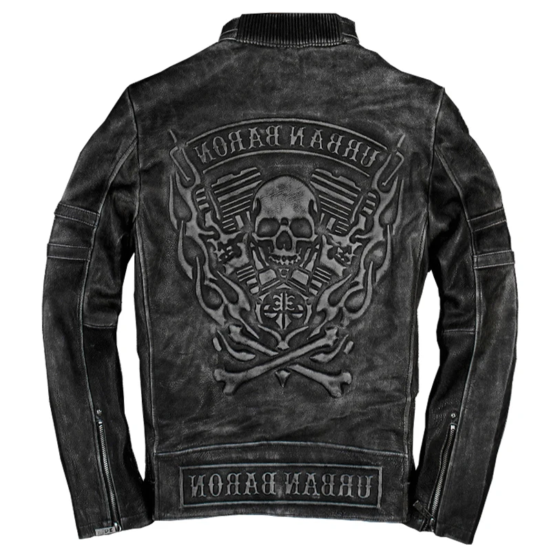 2020 Vintage Black Men's Skull biker Leather Plus Size XXXL Genuine Cowhide Slim Fit Motorcyclist Jacket FREE SHIPPING