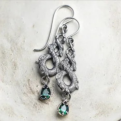 Huitan New Vintage Number 8-shaped Twist Women Drop Earring Noble Green Pear Stone Loong Pattern with Leaves Retro Party Earring
