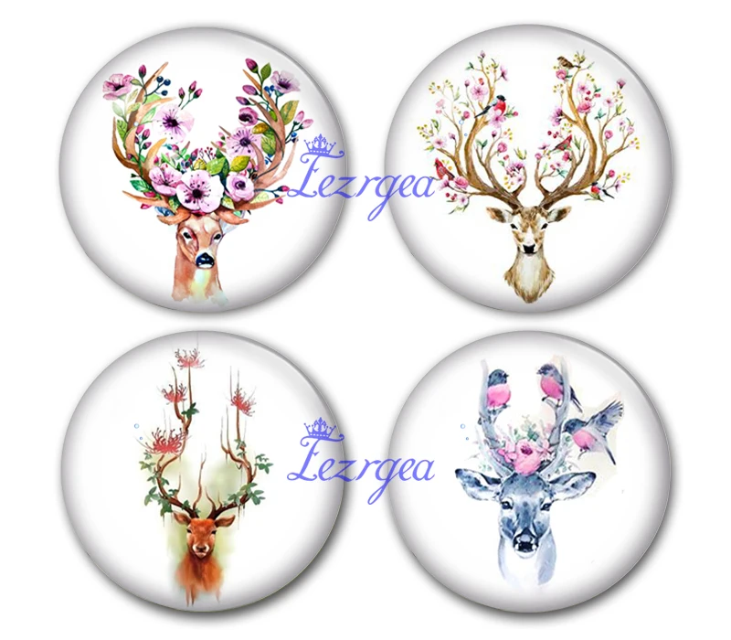 Handmade Round Deer Head And Antlers And Flower Photo Glass Cabochons Jewelry Finding Cameo Pendant Settings