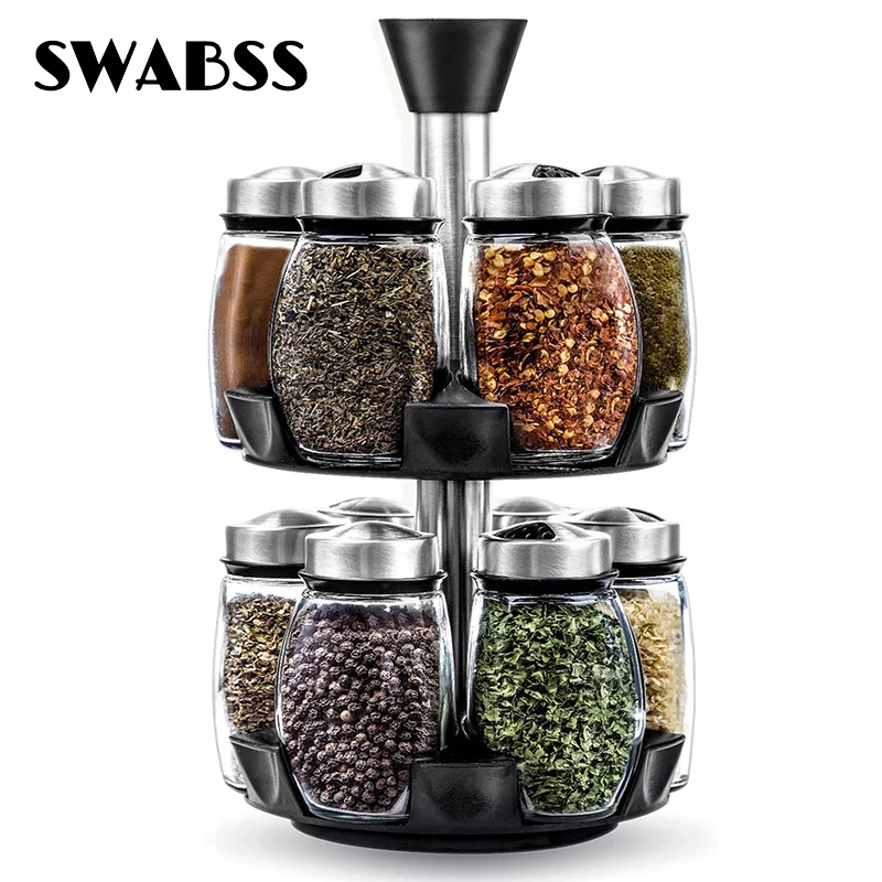 

Revolving Spice Rack Organizer Seasoning Tool Glass Sugar Bowl Salt Jar Pepper Kitchen Gadget Label Sticker Spices Storage Box