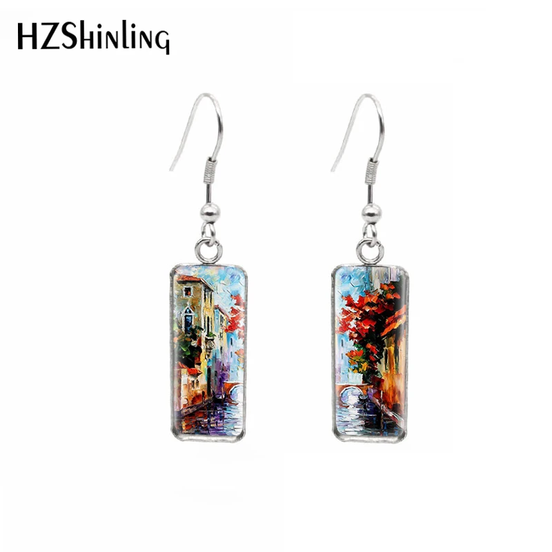 1 pair 10*25mm Rectangle French Hook Earrings Glass Cabochon oil paintings fantasy art venice Printing Jewelry Earrings