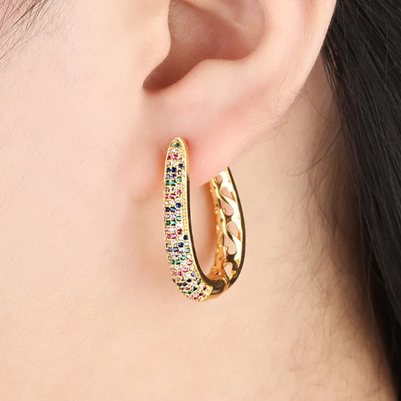 OMYFUN Luxury Hoop Earrings Gold Color Multicolor CZ Micro Paved Earrings Summer Winter All Fit Cheap Semi Joyas Brincos E93