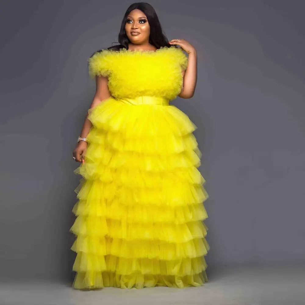 New Aso Ebi Tulle Dresses Two Pieces Women Plus Size Tulle Gowns For Prom Evening Party Long Extra Ruffle Tulle Dress