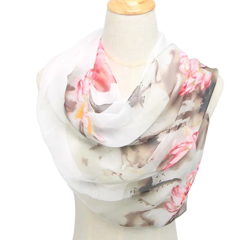 Foulard Long en mousseline de soie pour femmes, écharpe de printemps en Polyester, motif de Lotus, doux, châle de protection solaire, N49