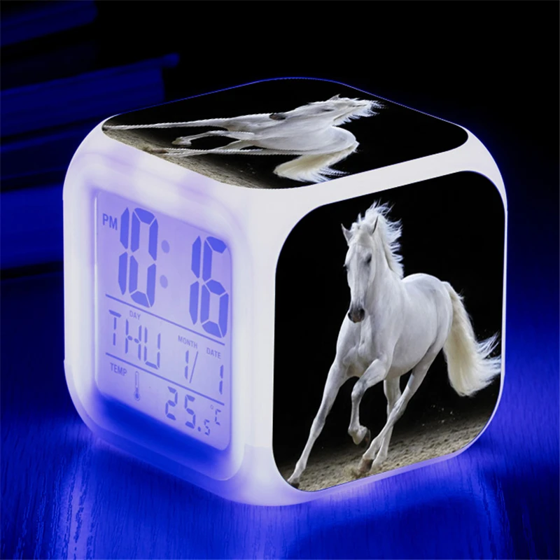 Animals Horse Digital Clocks Color Changing Despertador White Horses Led Alarm Clocks Action Figure Light Up Toys Doll Kids Gift