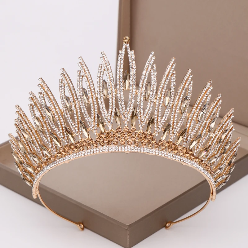 luxurious Rhinestone Crystal Gold Wedding Big Crown Queen Bridal Tiara Women Beauty pageant Bridal Hair Jewelry Accessories Gift