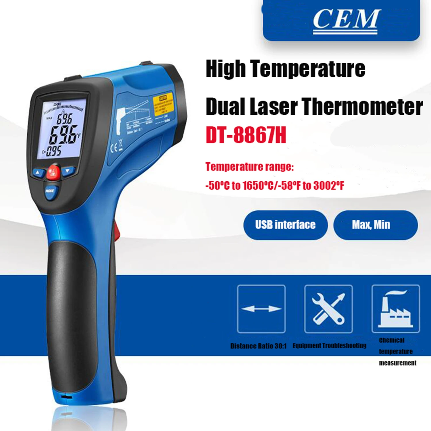 

CEM DT-8867H DT-8868H DT-8869H Professional Range Dual Laser Infrared Thermometer Temperature Gun Industrial High Temperature.