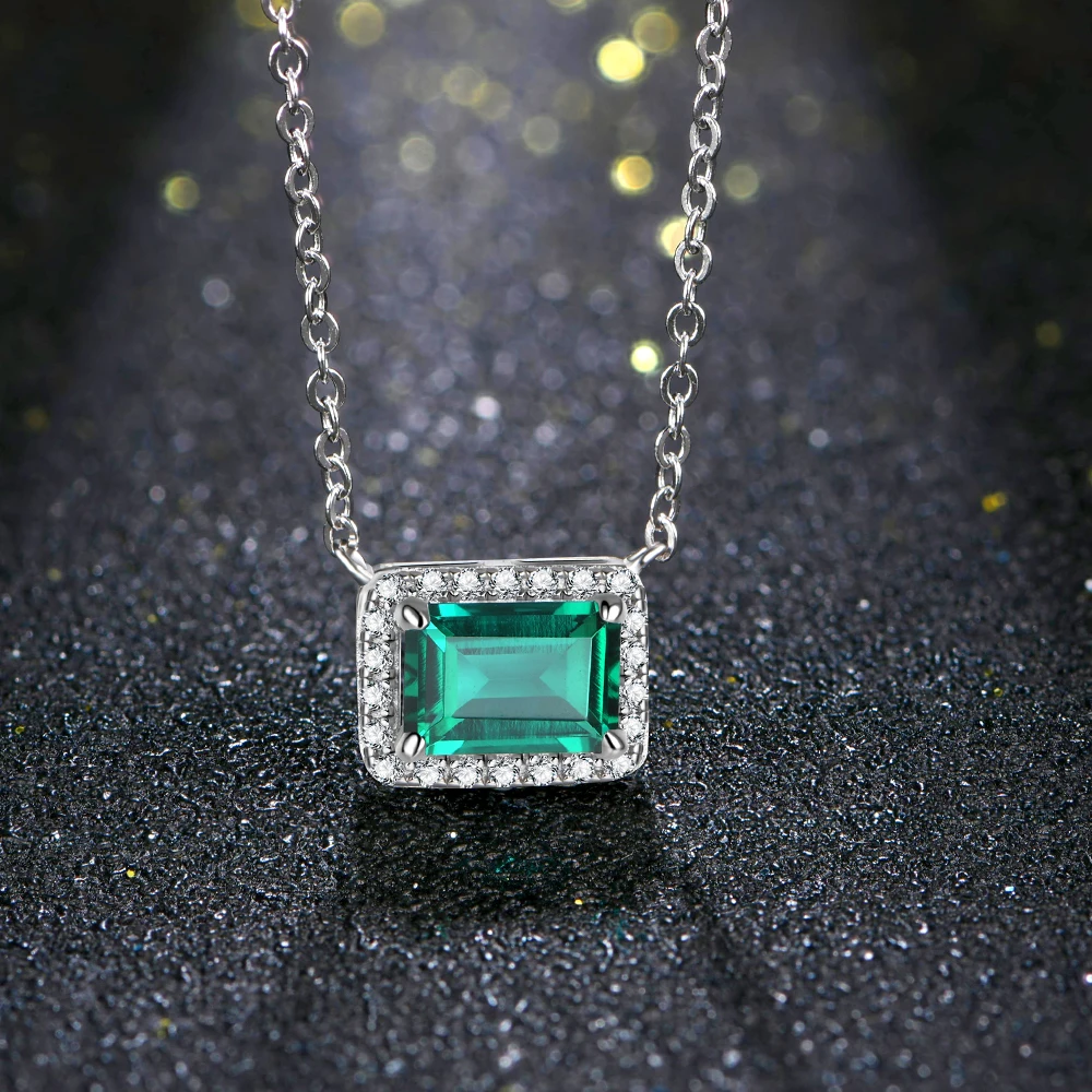 ATTAGEMS 925 Sterling Silver Emerald Cut Emerlad Gemstone Moissanite Diamond Engagement Vintage Pendant Necklace Fine Jewelry