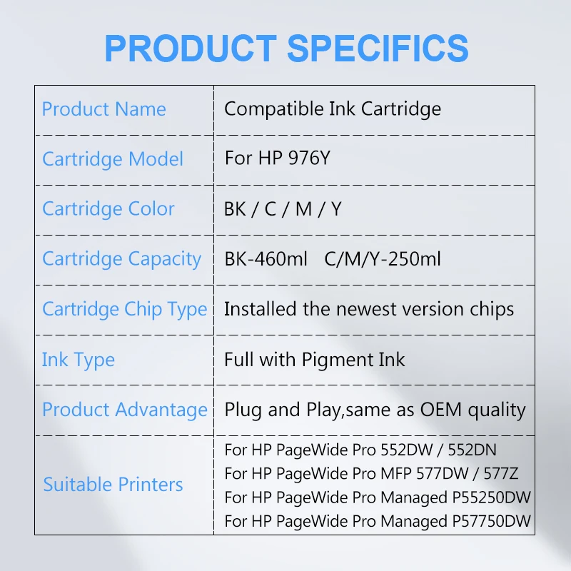 976Y 976 Y Replacement Ink Cartridge For HP PageWide Pro 552DW 552DN 577DW 577Z P55250DW MFP P57750DW Printer