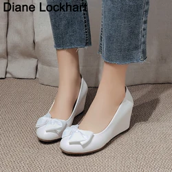 Women Ballet Bow Shoes White Women Wedges Shoes For Office Work Boat Shoes Cloth Sweet Loafers Women's Pregnant Wedges Shoes