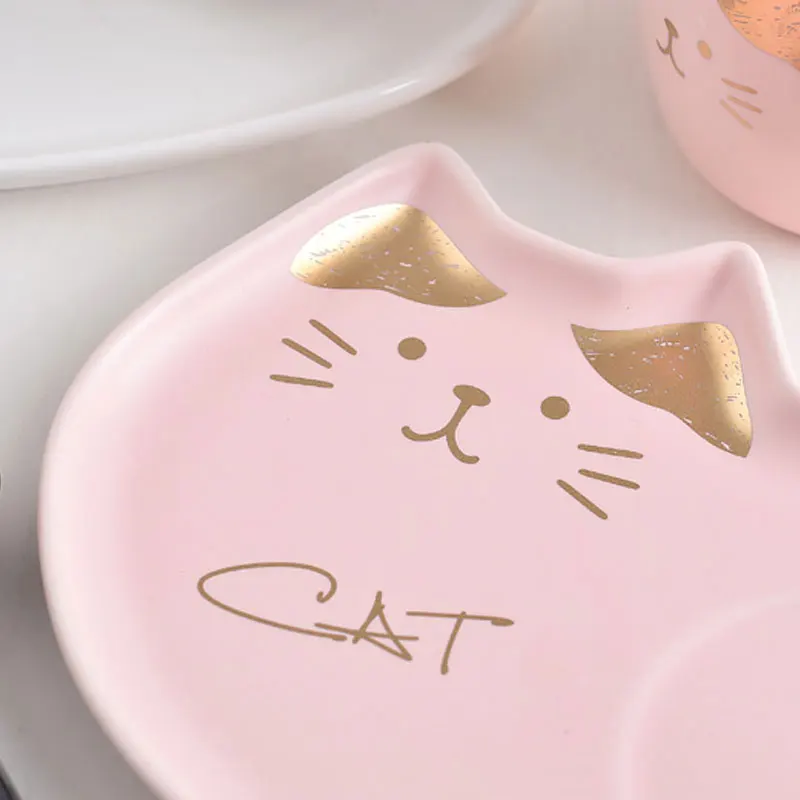 Cartoon Kitten Ceramic Mug Creative Cat Ear Coffee Cup Dessert Plate Spoon Set Gold Cats Porcelain Mugs Saucer Coffee Spoons